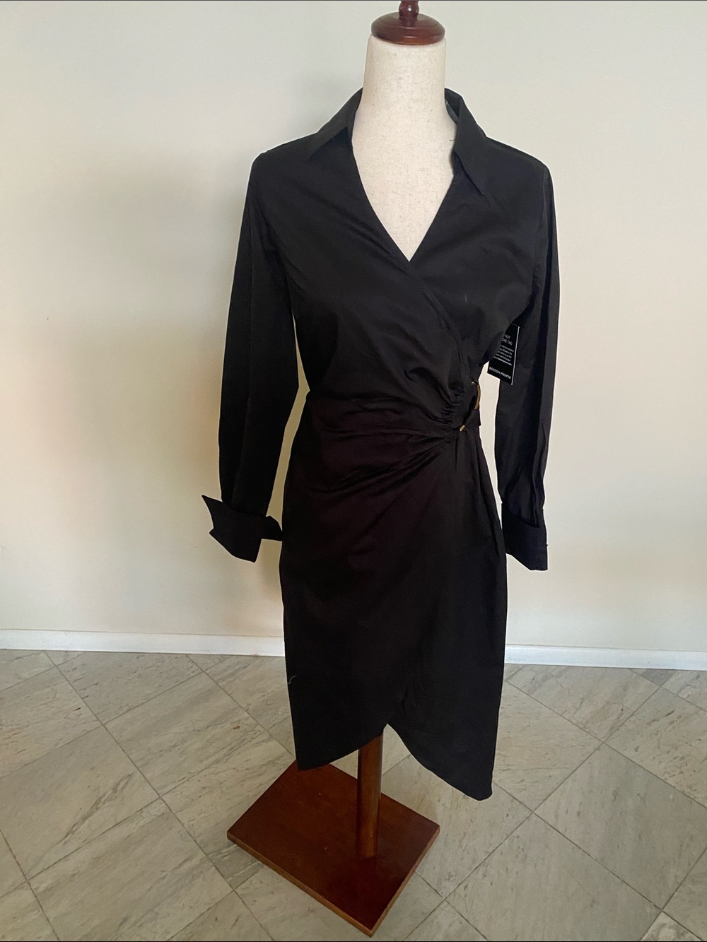 Boston Proper Black Long-Sleeve Wrap Shirt Dress with Side Ring